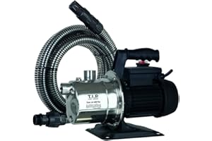 T.I.P. Cleanjet 1000 Pompe de Jardin Acier Inoxidable avec Kit d'aspiration Débit 3300 l/h Hauteur de Refoulement 46 m Puissance nominale 800 W avec Plaque de Base Stable en Métal Couleur Argent Noir
