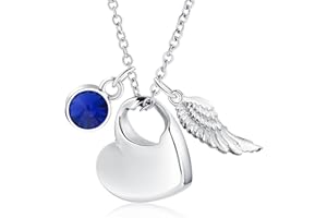 KnSam Edelstahl Urne Anhänger Halskette mit Geburtsstein Kristallanhänger Engel Flügel Asche Anhänger Herz Memorial Kette Silber