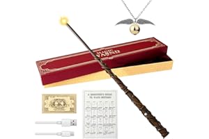 AVCXEC Hermione Granger Wand, 35cm Hermione Light Up Wand with Station Ticket, Spell Card and Necklace USB Charging Glow Magic Wand Lord Hermione Magic Wizard Wand in Gift Box for Halloween Costume Party