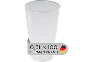 ‎LOGIPACK GERO LogiPack GeRo Plastic Cups - Drinking Cups with Measuring Line 0.5 L | Disposable Hard Plastic (PP) Cups | Transparent | Beer Cups & Party Cups - Plastic Cups, Pack of 100