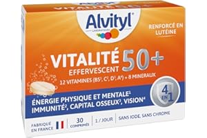 Alvityl - Vitalité 50 + Comprimés effervescents, goût tropical - 12 vitamines, 8 minéraux, 2 plantes et lutéine - Dès 50 ans - 30 comprimés effervescents
