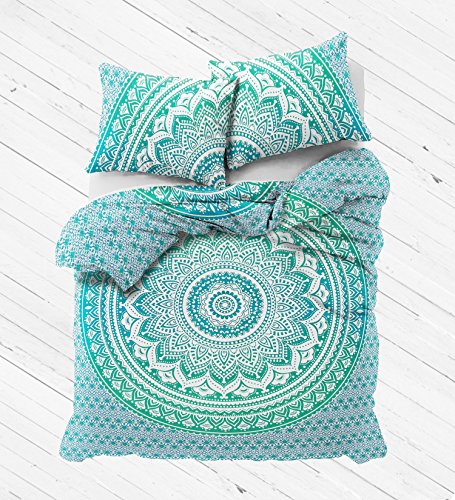 Exclusive Green ombre mandala Duvet Cover With Pillowcases By Labhanshi, Indian Reversible Duvet Cover, Mandala Duvet Cover, Queen size Duvet