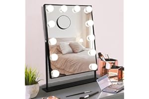 ‎HANSONG Hansong Schwarzer Schminkspiegel, Schminkspiegel mit Beleuchtung, 12 dimmbare LED-Lampen, Touchscreen-Steuerung und 10-fache Vergrößerung