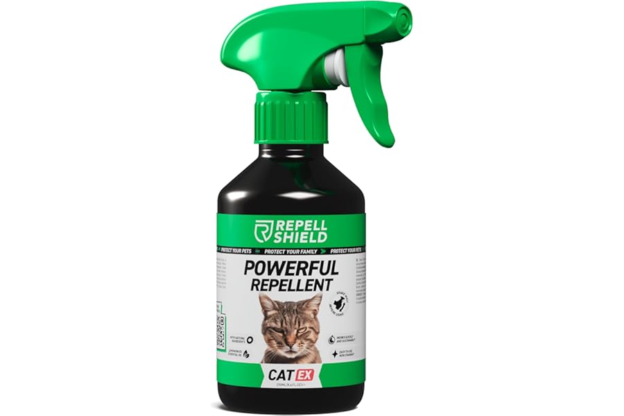 RepellShield Cat Repellent Spray - Natural Citronella Oil, Pet-Safe, Non-Toxic, High Efficiency Animal Control for Homes, Lemon Scented, Versatile Indoors & Outdoors - Responsible Deterrence, 250ml