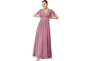 Ever-Pretty Robe pour Mariage Invité Longue Femme Col V Mousseline A Line Manches Courtes Plissé Chic EE0164A