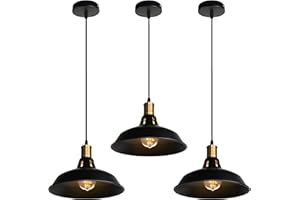 TOKIUS Lámpara Colgante Vintage, Ø27cm Lámpara de Techo Retro de Metal Industrial E27 Lámpara Araña para Comedor Cocina Restaurante, 1m Cable (Negro, 3 Piezas)