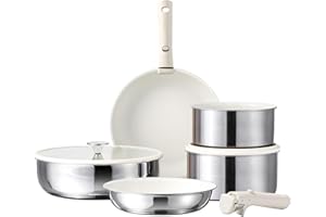 CAROTE 9Pcs Stainless Steel Pots and Pans Set, Non Stick Kitchen Cookware Set with Removable/Detachable Handle, Oven/Dishwasher Safe, RV Cookware Set, Frying Pan & Saucepan Set