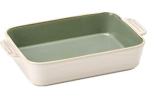 PORCER Ceramic Baking Dish, 2.11qt/2000ml Casserole Dishes for Oven, 12.2in/31cm Square Porcelain Bakeware Set with Handles, Lasagna Baking Pan for Cooking, Baking and Serving-White & Green