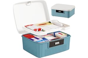 Tatqilo 2 Layer Lockable Medicine Storage Box, 26X22X12cm Medicine Box with Combination Lock, 9l Medicine Organizer Box with Removable Tray, Medication Storage Container for Home,School,Office(blue)