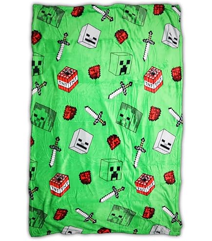 Minecraft Kuscheldecke 110x150cm Grün - Offizielle Lizenz Mit Creeper, TNT & Pixel-Motiven