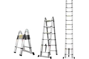BOWEITI 3.8 m Telescopic Ladder, Telescopic Frame Ladder with Balance Bar and Movable Wheel, Household Use Folding Ladder, Multi-Purpose Folding Ladder for Outdoor Work