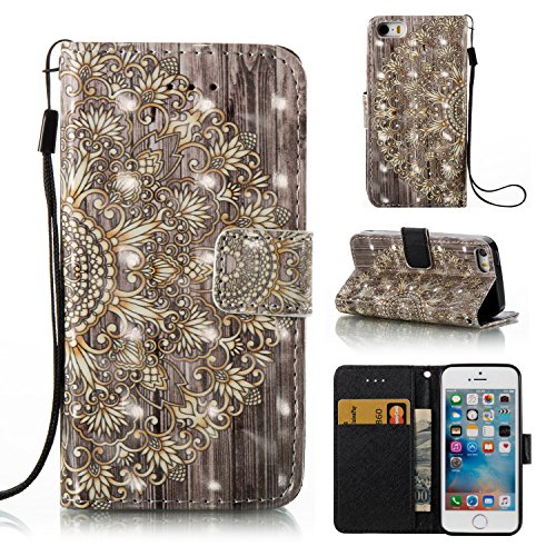 Meet de Coque pour iphone SE /iphone 5S Laser Étui Housse imprimé étui en cuir PU Cuir Flip Magnétique Portefeuille Etui Housse de Protection Coque Dessin Demi-fleur d'or Étui Case Cover avec Stand Support Avec des Cartes de Crédit Slot et Fonction Support pour iphone SE /iphone 5S
