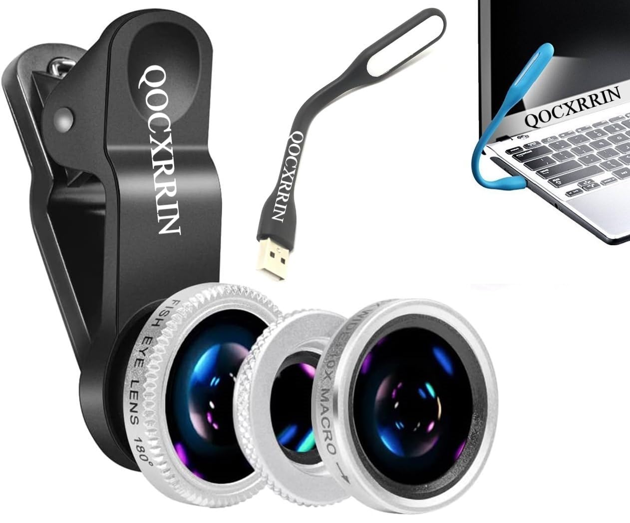 QOCXRRIN 3in1 Lens Kit for Mobile Phone 0.67X-Wide Angle 180-Degree Fish Eye 10X-Macro Lens Small Object Shot Lens Multi-Colour Compatible with 1 USB Led Light (Free) All Smartphone.