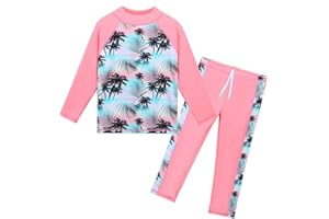 HUAANIUE Girls 3-12 Years 2PC Swimwear Set Long Sleeve Swimsuit Kids Print Flower Sunsuit 50+UV Sun Protection Swimming Cosutme