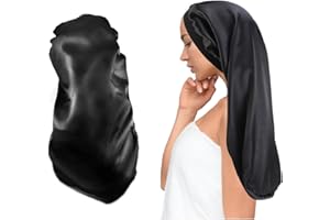 MUFEKUM 3Pcs Long Hair Bonnet for Sleeping, Wide Band Satin Bonnets Night Sleep Cap Sleeping Head Cover, Soft Elastic Bonnet for Braids Silk Bonnet for Long Hair Black Hair Curly Hair