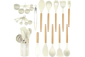 KAWAOLOGY Utensili da cucina in silicone 12 pezzi, set di utensili da cucina per pentole antiaderenti, al calore e antiaderenti con manico in legno per utensili senza BPA (lattoso)