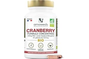 AMOSEEDS Cranberry BIO | 5% PAC, Extrait Haute Concentration | Confort Urinaire, Reins, Vessie | Formule avec Cassis et Bruyère Bio | 60 gélules | Fabriqué en France | Qualité Supérieure