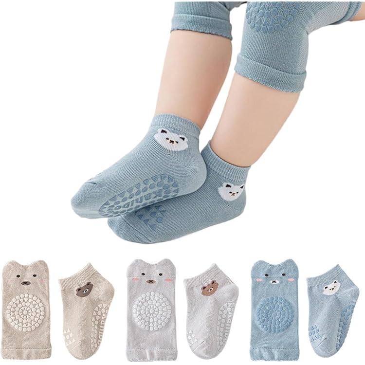 Genouillères & Chaussettes Antidérapantes Pour Bébé Geaanen - 3 Paires, Douces En Coton (gris, Kaki, Bleu)