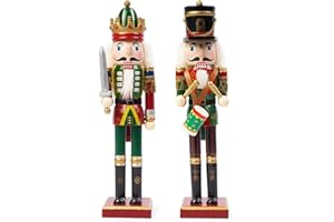 KAHEIGN 2 Piezas Soldados de Cascanueces de Madera, 2 Estilo 30CM Figuras de Cascanueces Tradicionale de Navidad Soldado Pintado de Madera de Pino de Primera Calidad por Decoración (Tambor & Espada)