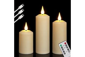 FREEPOWER 3 Candele LED Ricaricabili con Telecomando Timer Fiamma Tremolante, Esterno Impermeabile Candele Elettriche con Cavo USB-Type-C, Bianco Caldo Dimmerabile（5 x 10,5/14/17cm）
