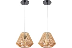 LIGKIN 2 Piezas Lámpara Colgante de Ratán Industrial Lámpara de Techo Vintage E27 Retro Lámpara Techo Pantalla de Metal y Cuerda de Cáñamo Iluminación para Salón Comedor Dormitorio