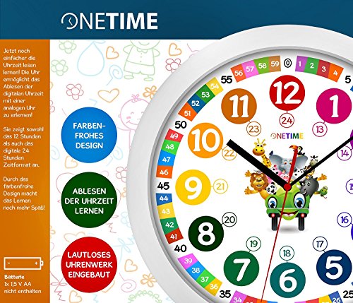 ONETIME Kinderwanduhr (Ø) 30,5 cm Kinder Wanduhr mit lautlosem Uhrenwerk und farbenfrohem Design mit Tieren – Ablesen der Uhrzeit lernen - 2