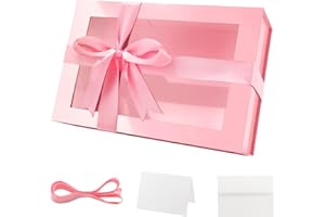 PKGMAGIC Grande Boite Cadeau Rose 35,6x24x11,4 CM Boite Cadeau Vide, Boite Cadeau avec Fenetre Transparente,Coffret Cadeau Vide,Boite Cadeau Magnétique et Ruban pour Anniversaire,Mariage(Brillant)