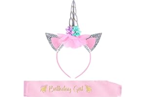 BKRDTY BOSSTER Cerchietti a Unicorno Argento Fiori Unicorno Fascia Fiore Copricapo con Birthday Girl Fusciacca per Bambini Festa di Compleanno Forniture