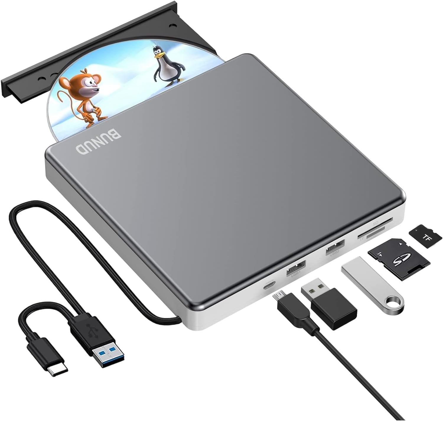 External CD DVD Drive, USB 3.0 & Type-C Portable CD/DVD +/-RW ROM Burner Rewriter with SD/TF & 2 USB Ports, Slim Optical DVD Player for Laptop Mac Macbook Pro Air PC Apple iMac Windows