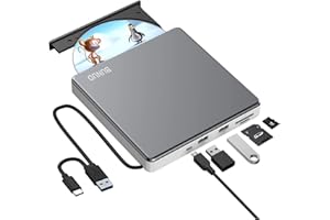 BUNUD External CD DVD Drive, USB 3.0 & Type-C Portable CD/DVD +/-RW ROM Burner Rewriter with SD/TF & 2 USB Ports, Slim Optical DVD Player for Laptop Mac Macbook Pro Air PC Apple iMac Windows