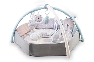 Arche de jeu MoMi PASTEL avec tapis rampant 3 en 1 pour bébé dès la naissance, tapis d'activité sensorielle avec 2 arches, bain de balles, 5 jouets, 30 balles avec sac