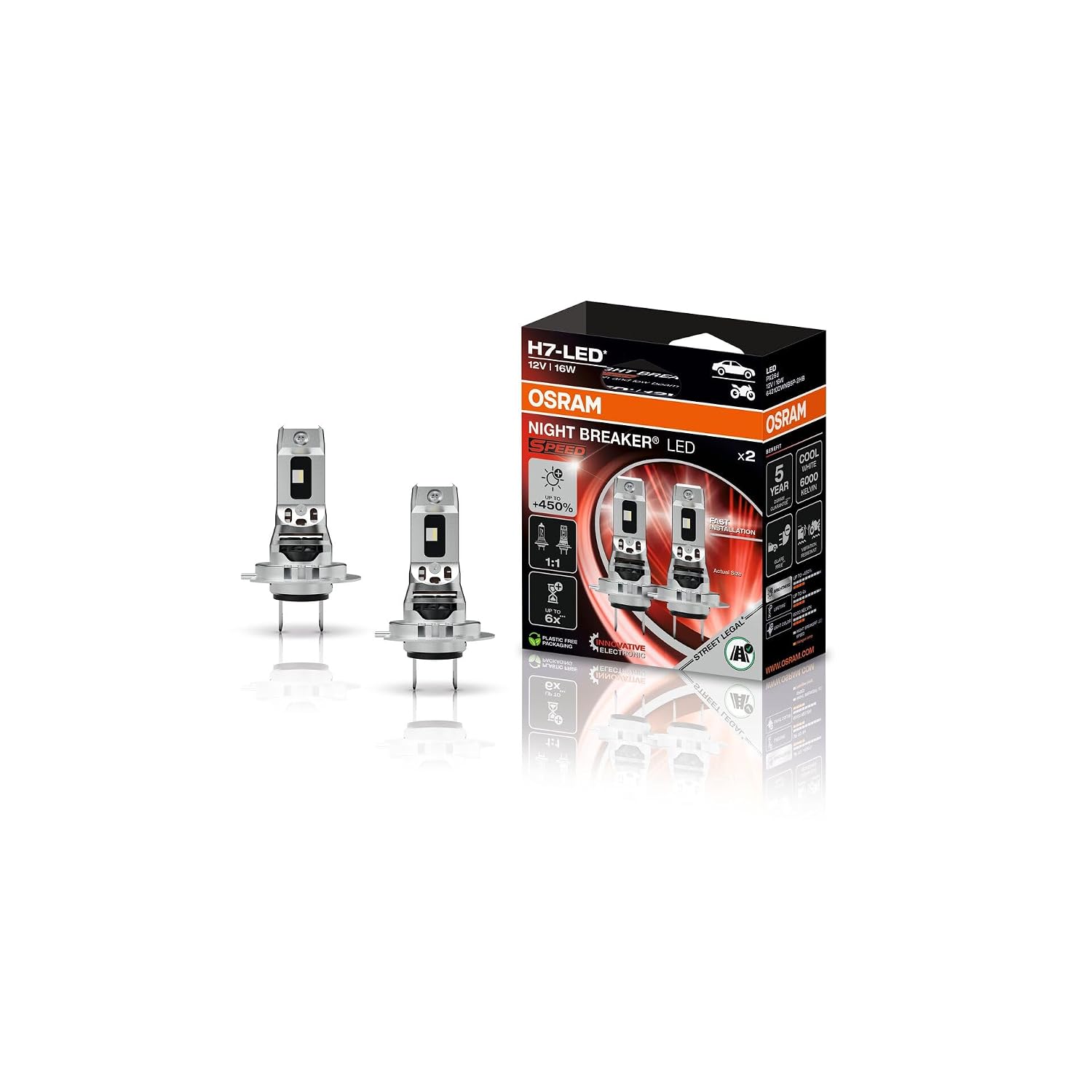OSRAM NIGHT BREAKER LED SPEED H7 450, LED-Fern- und Abblendlicht mit Straßenzulassung, bis zu 450% mehr Helligkeit, 6000K,schnelle Installation, kein mechanisches Zubehör notwendig, LEDEC02 integriert