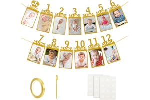 MORLUKS Guirnalda di Foto per 1 Compleanno, Ghirlanda di Foto in Carta Glitterata, Ghirlanda di Pietre Miliari per Bambini da 1 a 12 Mesi, Decorazione di Compleanno per Ragazze e Ragazzi(Oro English)03