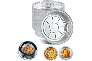 HUMMCQIT 50pcs Aluminum Foil Dishes - Air Fryer & Oven Safe, Round Baking Pan, Disposable Tin Foil Box Tray for Baking & Cooking (Silver, 6-9 inch, 3-5L fryer)