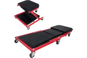 Froadp 2 in 1 Sgabelli da Officina con Morbido Cuscino, Carrello da Officina in Metallo con 6 Ruote Girevoli a 360°, Sedia a Rotelle da Officina Pieghevole, Portata Fino a 150 kg(92x44x12cm)