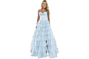 GENERIC Suknie balowe z gorsetem bez ramiączek dla kobiet, długa suknia balowa w kształcie litery A, szyfonowa, wielowarstwowa, formalna suknia wieczorowa z rozcięciem