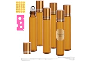 SONEER Roll on Glasflaschen für Ätherisches Öl, Roll on Flasche Leer 10 ml mit Edelstahl-Ball, Rollon Flaschen mit Öffner, Tropfer, Strohhalm, Etiketten für Aromatherapie Massage (Braune, 6 Stück)