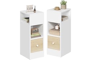 EUGAD 2X Mesitas de Noche con 2 Compartimentos y 1 Cajón, 25x30x66 cm, Mesita Auxiliar para Salon y Dormitorio, Estilo Moderno, Madera, Blanco Vetas de Madera, 0011CTG-2