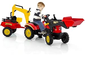 COSTWAY 3-i-1 Trettraktor för Barn med Avtagbar Släpvagn och Grävspade – Sitttraktor med Autentisk Ratt, Fotpedaler och Hållbara Hjul för Barn 3-6 År