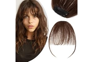 SILK-CO One Piece Hair Fringe Extensions Thin Front Bangs Clip in Human Remy Hair Piece #04 Medium Brown