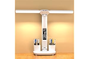 ‎YNDD YNDD 7 W LED Desk Lamp Children, Dimmable Battery Desk Lamp Wireless with Clock/Pen Holder/LCD Display/Calendar/Temperature, 3 Light Colours, 3200 mAh Battery, Office Lamp for Girls and Boys, White