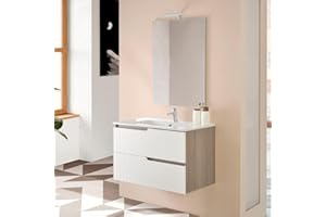 Inbagno Mobile bagno sospeso bianco lucido cannettato e olmo con 2 cassetti soft-close, lavabo in ceramica e specchio LED 80x60 cm, PORTO