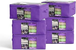 FORCANBY Clothes Storage Bags, Foldable Thick Fabric Blanket Storage Boxs, Large Clear Window with Reinforced Handle, Great for Clothes, Blankets, Closets, Pillows, Toys (Purple, 6Pack)