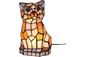 BIDESEN Lampa stołowa w stylu Tiffany, w stylu vintage, ręcznie wykonana lampa stołowa z witrażowym kloszem, do sypialni, lampka nocna, do gabinetu, biurowa lampa stołowa (kotek)