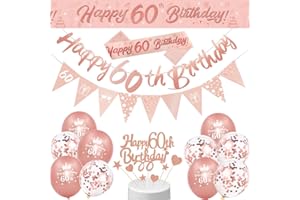 DEARLIVES 60th Birthday Decorations: Rose Gold Banner, Sash, Cake Topper, Balloons, Triangle Flags & Confetti for Party Decoration