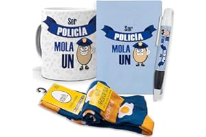 MUNDOHUEVO Super Regalo Personalizado para policías. Ser policía Mola un Huevo. Taza, libreta, boli y Trio de Calcetines