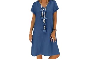 TINCINI Sommerkleid Damen Leinen Kleider Casual V-Ausschnitt Midikleid Kurzarm A-Linie Kleid Strandkleid Ohne Zubehör