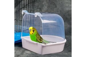 HshDUti Bird Bath Tub, Hanging Bathtub Bird Cage Supplies with Hooks, Water Shower Transparent Box Food Feeder Holder Tray for Small Birds, Canary, Budgies,Parrot 13X14X13cm White