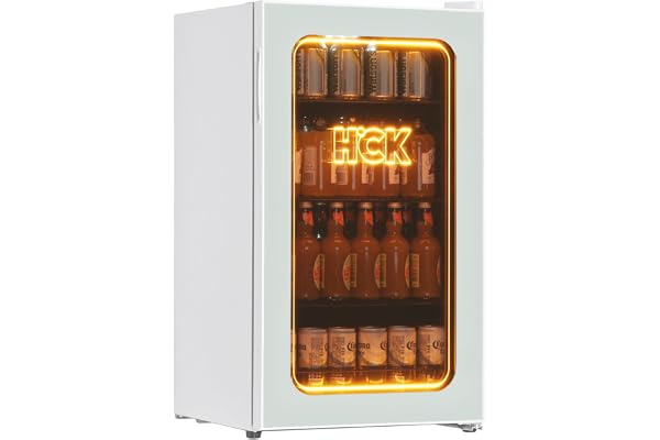 HCK 98 l dryckeskylskåp, minikylskåp med 3D-orange belysning och glasdörr, kompakt kylskåp med 105 burkar med justerbara hyllor för läsk, öl eller vin