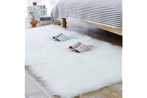 HEQUN Alfombra de Piel de Oveja sintética, Artificial Alfombra,Funda de Silla de Forro Polar Suave y mullida para recámara, sofá, Suelo (180 X 80 CM, Blanco)